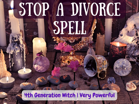 Stop a Divorce Spell image showing powerful ritual altar with candles, crystals, runes, mirror, and mystical tools. This spell is designed to save marriages, prevent separation, heal relationships, and restore love. A 4th generation witch offering strong energy work to stop breakups, reduce conflict, and bring reconciliation between partners. A powerful ritual for harmony, forgiveness, and emotional healing in marriage.