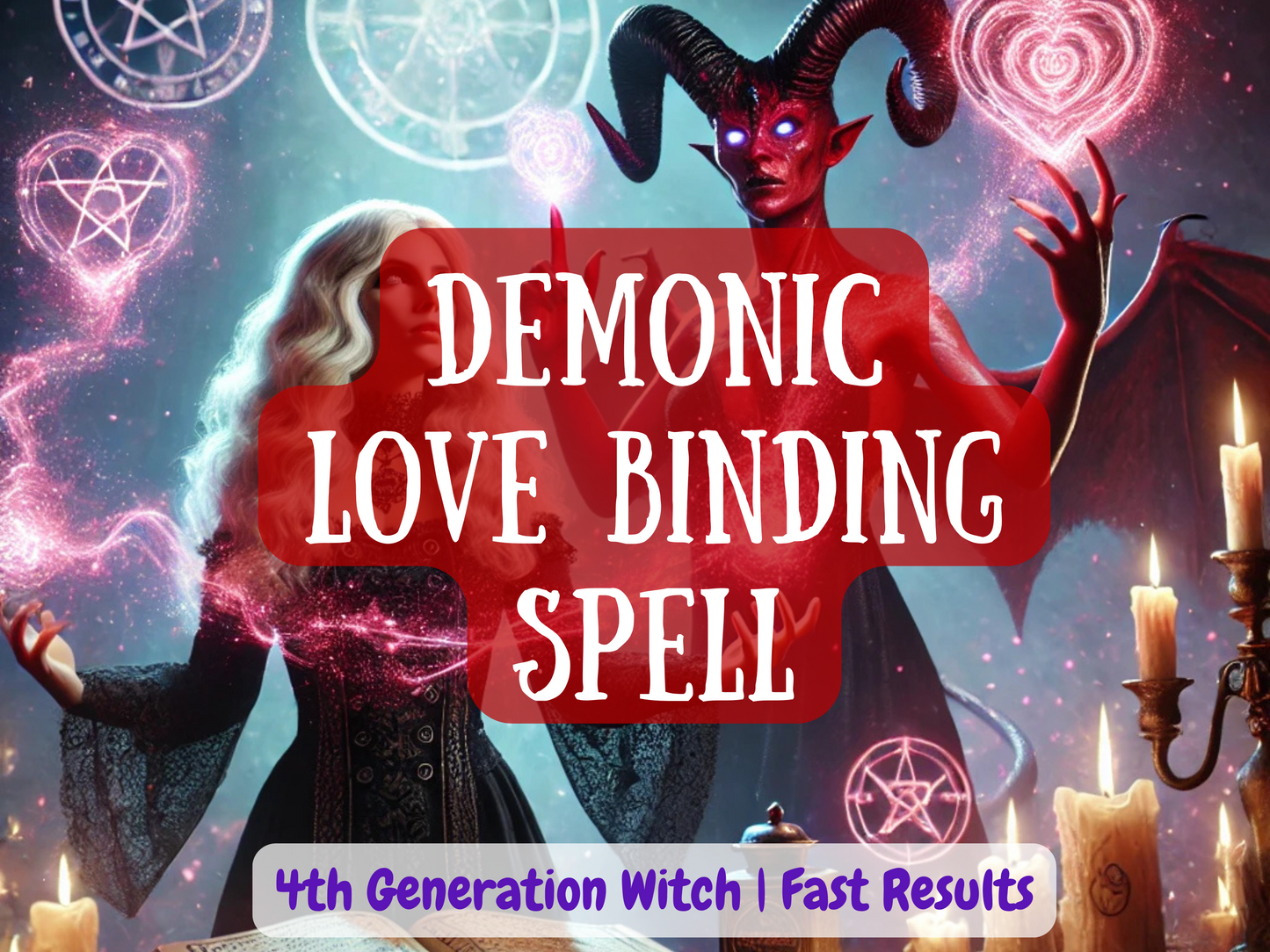 Demonic Love Binding Spell with powerful dark magick energy, a red demon with glowing eyes casting love enchantment beside a witch holding spell power. Surrounded by candles, pentagrams, and glowing symbols, this ritual channels demonic force to bind lovers together with unbreakable passion, obsession, and desire. A potent occult spell for fast results, invoking forbidden energy to seal loyalty, devotion, and lasting connection.