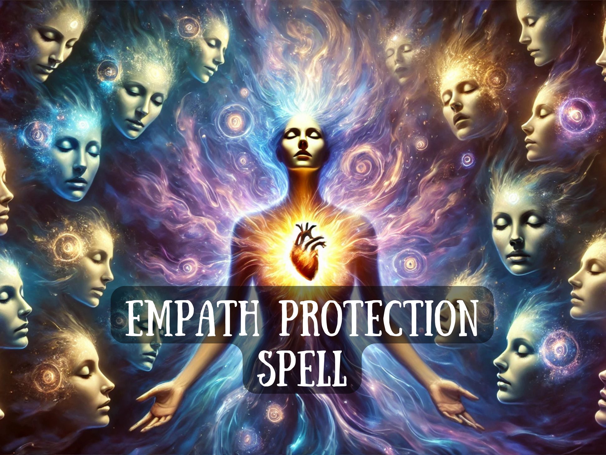 “Empath Protection Spell” artwork showing a radiant figure glowing with cosmic energy, holding light at the heart center, surrounded by ethereal faces and swirling galaxies. The image symbolizes shielding sensitive souls, blocking negativity, and restoring balance to empaths who absorb too much energy from others. With vibrant colors of blue, gold, and violet, it conveys spiritual strength, grounding, and empowerment. Represents energy cleansing, aura protection, and psychic defense for empaths and healers.