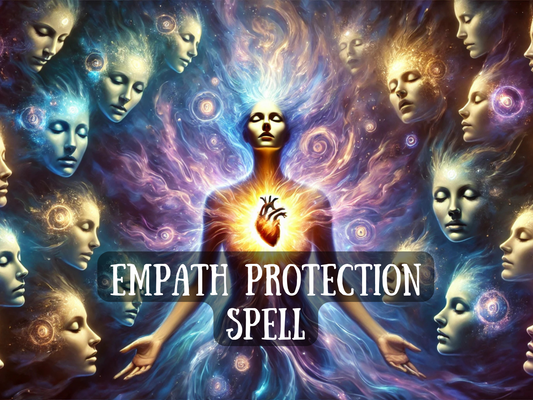 “Empath Protection Spell” artwork showing a radiant figure glowing with cosmic energy, holding light at the heart center, surrounded by ethereal faces and swirling galaxies. The image symbolizes shielding sensitive souls, blocking negativity, and restoring balance to empaths who absorb too much energy from others. With vibrant colors of blue, gold, and violet, it conveys spiritual strength, grounding, and empowerment. Represents energy cleansing, aura protection, and psychic defense for empaths and healers.