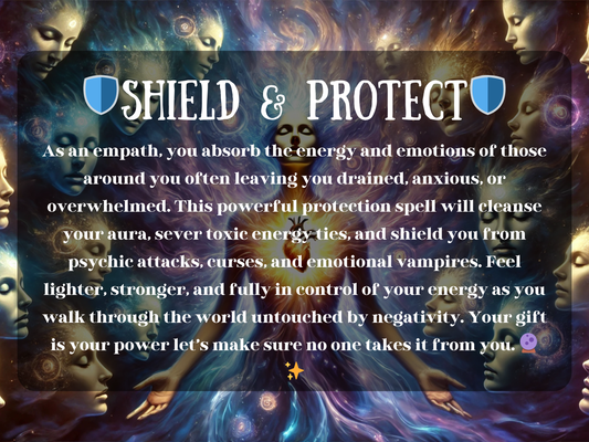 “Shield & Protect” empath spell description set against a mystical cosmic background of glowing faces, galaxies, and radiant energy. The text explains how this protection spell cleanses the aura, severs toxic ties, and shields sensitive souls from psychic attacks, curses, and emotional vampires. Designed for empaths who absorb the emotions of others, this working restores balance, strength, and clarity so they can walk through the world untouched by negativity, reclaiming their power and energy.