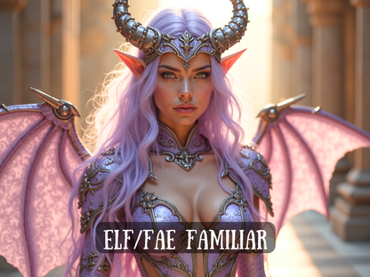 Fantasy artwork of a stunning elf/fae familiar with lavender hair, glowing violet eyes, and ornate silver armor, crowned with horns and wings. Text overlay reads “Elf/Fae Familiar.” This mystical being embodies faerie magick, elven beauty, and familiar spirit energy, offering guidance, protection, and supernatural power. Symbol of fae enchantment, spiritual bonding, and otherworldly connection, conjured companion for magickal rituals, summoning, loyalty, and fae spirit guardianship.