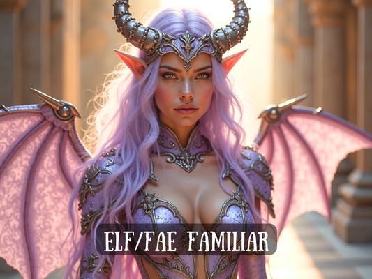 Fantasy artwork of a stunning elf/fae familiar with lavender hair, glowing violet eyes, and ornate silver armor, crowned with horns and wings. Text overlay reads “Elf/Fae Familiar.” This mystical being embodies faerie magick, elven beauty, and familiar spirit energy, offering guidance, protection, and supernatural power. Symbol of fae enchantment, spiritual bonding, and otherworldly connection, conjured companion for magickal rituals, summoning, loyalty, and fae spirit guardianship.