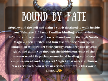 Mystical fantasy artwork of a violet-haired elf fae woman with horns, wings, and ornate silver armor glowing in golden light. Text overlay reads “Bound By Fate.” The description speaks of Elf Faery Familiar binding, Nordic Magick, sacred spirit companion, protection, psychic gifts, emotional healing, and hidden wisdom. Symbol of ancient rites, soul empowerment, and rare fae familiar bond offering guidance, spiritual protection, magickal connection, and destiny-bound spirit guardianship.