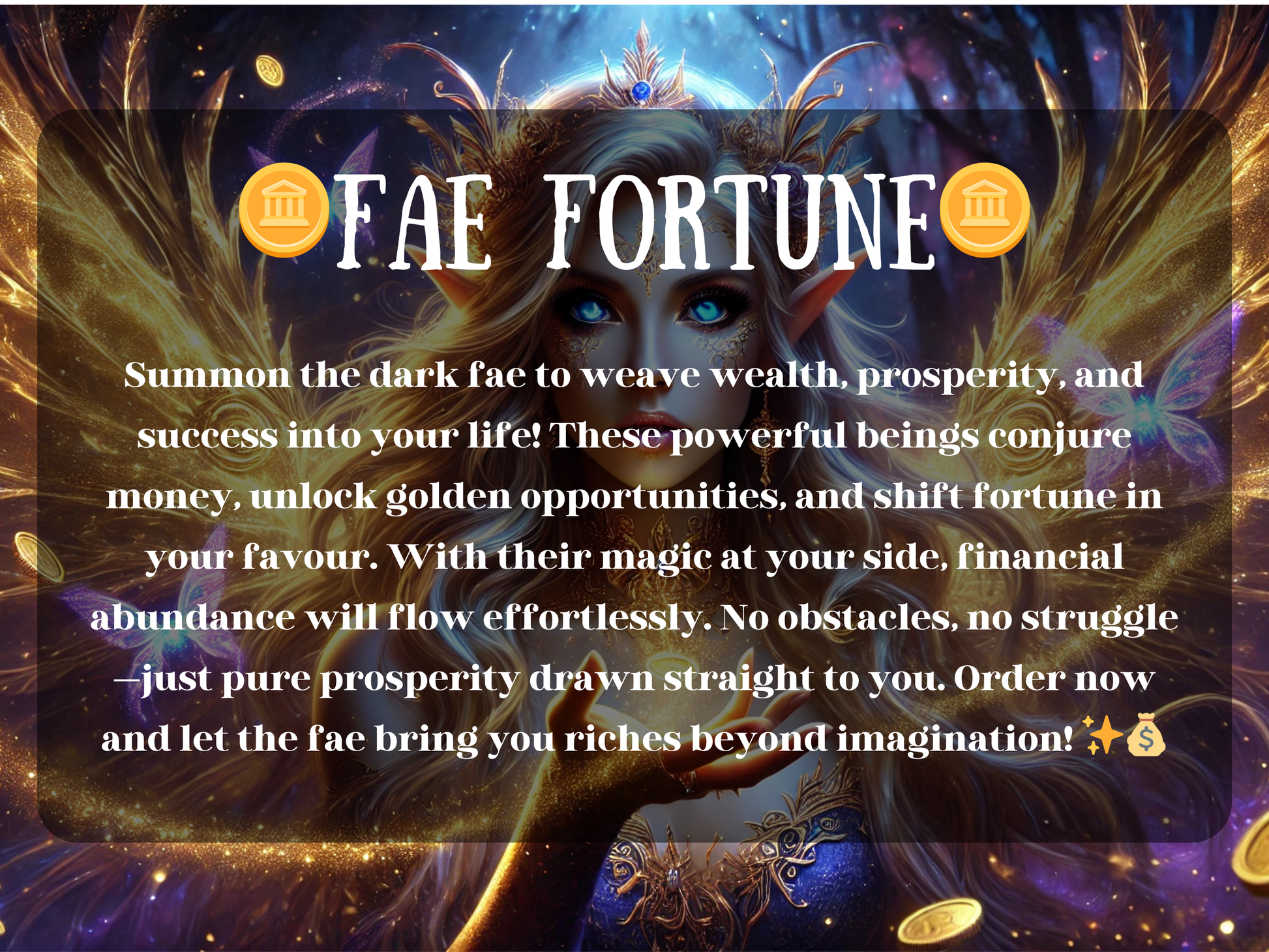 Fae Fortune – mystical artwork of a radiant dark fae with glowing blue eyes, golden wings, and magical energy surrounding her, shimmering with coins and light. The text describes a spell to summon dark fae to weave wealth, prosperity, and success, unlocking golden opportunities, shifting fortune, and drawing financial abundance. This image represents prosperity magick, money spells, fae enchantments, and rituals to attract riches, opportunities, and effortless flow of success.