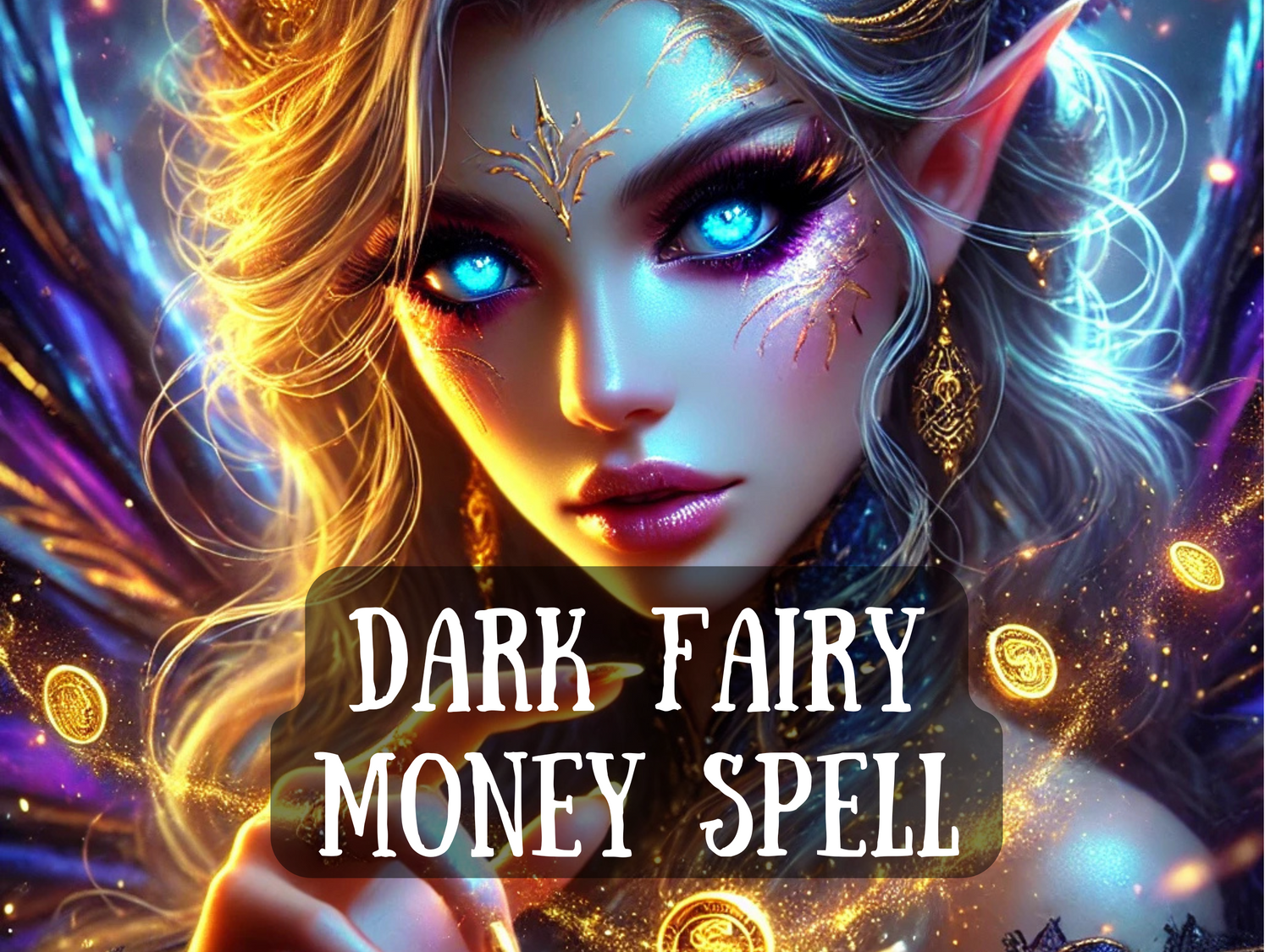 Dark Fairy Money Spell – enchanting fantasy artwork of a mystical fairy with glowing blue eyes, pointed ears, and luminous golden hair, surrounded by sparkling coins and shimmering energy. This spell image represents wealth attraction, prosperity rituals, and financial manifestation guided by a powerful dark fairy spirit. With radiant wings, glittering symbols, and a magnetic aura, it embodies the energy of abundance magick, fortune spells, and mystical prosperity enchantments.