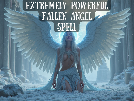 Mystical fallen angel spell art featuring a celestial woman with glowing halo and massive white wings kneeling in ancient ruins surrounded by snow and divine energy. The “Extremely Powerful Fallen Angel Spell” invokes angelic and infernal forces to grant protection, power, guidance, and transformation. This sacred ritual channels the dual strength of light and shadow, aligning you with higher realms, divine authority, and unstoppable spiritual influence.