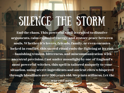 A couple argues intensely , their bodies tense as they shout and point at each other. Cushions and debris litter the floor, and the energy feels volatile and charged. Despite the bright light, the scene radiates emotional turmoil. Overlaid text reads: “SILENCE THE STORM,” introducing a powerful spell meant to end arguments, dissolve conflict, and restore harmony between souls using ancestral magic, moonlight rituals, and custom spellwork. Perfect for lovers, family, or enemies in emotional war.