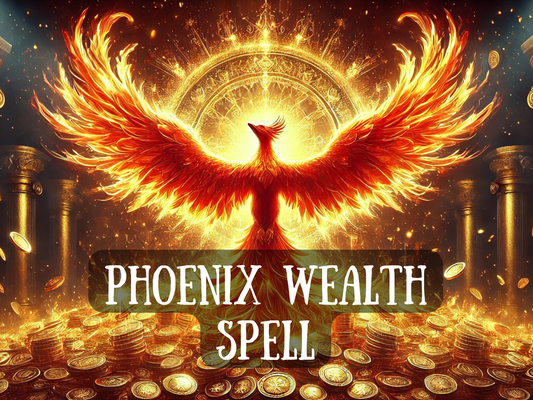 Phoenix Wealth Spell image featuring a blazing golden phoenix rising from flames above piles of coins, symbolizing prosperity, financial rebirth, and abundance. This powerful wealth spell channels the legendary energy of the phoenix to ignite fortune, attract money, and transform scarcity into riches. Designed by a skilled witch, this ritual invokes fire magick for success, luck, and limitless financial growth, helping you rise stronger, wealthier, and unstoppable.