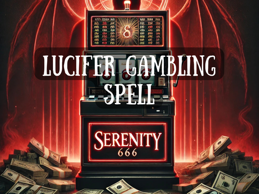 Lucifer Gambling Spell image featuring a demonic slot machine glowing in red with the word Serenity 666, surrounded by piles of money. This gambling luck spell calls on the dark power of Lucifer to enhance fortune, winning streaks, and casino success. Designed to shift luck in your favor, it channels supernatural energy to attract wealth, jackpots, and unstoppable financial gain. A powerful ritual for risk-takers seeking victory and money manifestation.