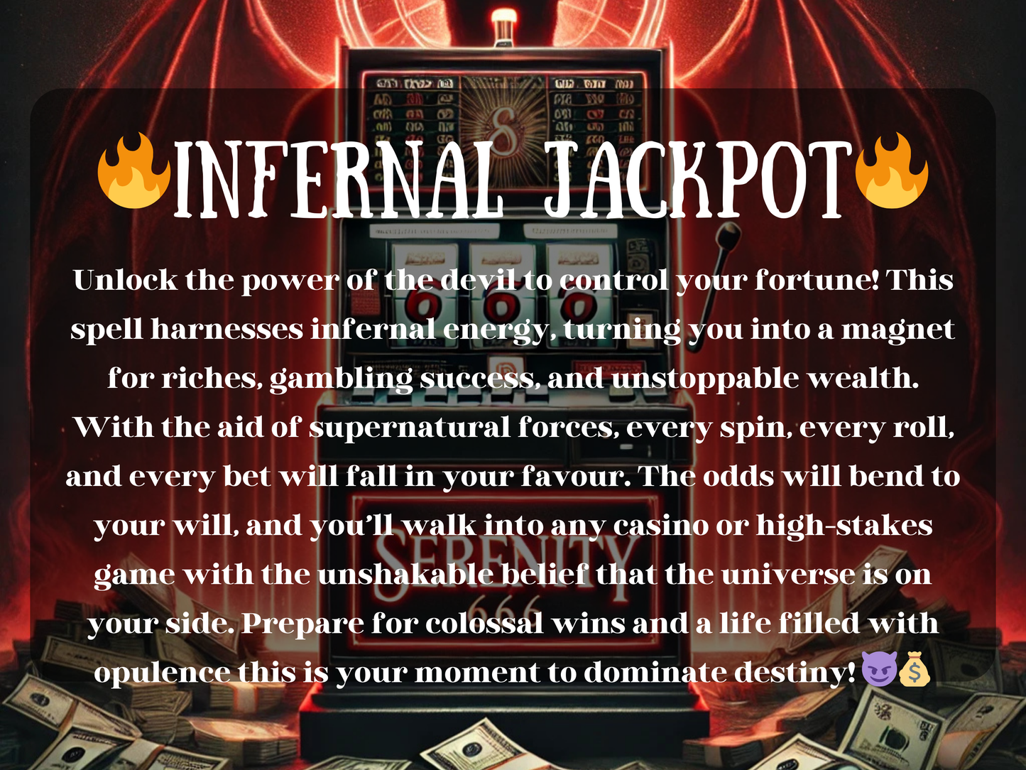 Infernal Jackpot Lucifer Gambling Spell image showing a glowing red slot machine marked Serenity 666 surrounded by stacks of money. This dark ritual channels demonic energy for gambling success, jackpot wins, and unstoppable luck. Designed to shift odds in your favor, it empowers every spin, roll, and bet to bring riches, financial gain, and casino victories. A powerful spell for those seeking wealth, fortune, and high-stakes gambling wins through supernatural power.