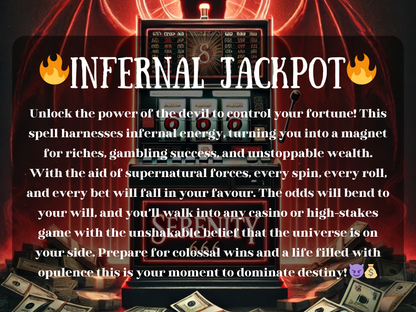 Infernal Jackpot Lucifer Gambling Spell image showing a glowing red slot machine marked Serenity 666 surrounded by stacks of money. This dark ritual channels demonic energy for gambling success, jackpot wins, and unstoppable luck. Designed to shift odds in your favor, it empowers every spin, roll, and bet to bring riches, financial gain, and casino victories. A powerful spell for those seeking wealth, fortune, and high-stakes gambling wins through supernatural power.