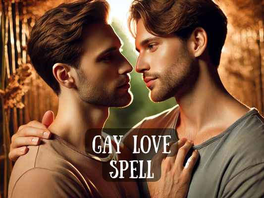 Gay Love Spell image showing two handsome men gazing into each other’s eyes, close and intimate under a golden sunset. This powerful spell attracts true love, passion, and deep connection between same-sex partners. Designed to strengthen bonds, ignite romance, and manifest lasting relationships, it clears emotional blocks and draws authentic affection. Perfect for gay men seeking soulmate love, rekindling passion, or calling in a destined partner filled with devotion.