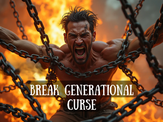 Break Generational Curse – dramatic artwork of a powerful man screaming as he rips heavy chains apart, flames blazing behind him, symbolizing freedom, strength, and liberation from ancestral burdens. This spell image represents breaking cycles of pain, family trauma, negative energy, and inherited blockages. It embodies empowerment, spiritual healing, and release, aligning with rituals for protection, cleansing, and the destruction of generational curses to reclaim personal power and destiny.