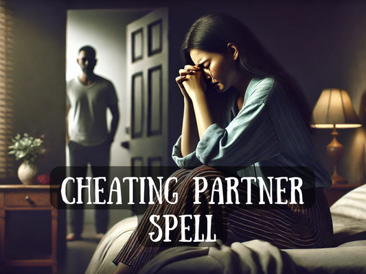 “Cheating Partner Spell” text overlay on a dramatic scene of a distressed woman sitting on a bed with hands clasped, while a shadowy man stands in the doorway. The atmosphere reflects heartbreak, betrayal, and suspicion of infidelity. This spell is crafted to expose lies, reveal the truth, and end dishonesty in relationships. Perfect for those seeking clarity, loyalty, and emotional justice when dealing with cheating, dishonesty, or unfaithful partners.