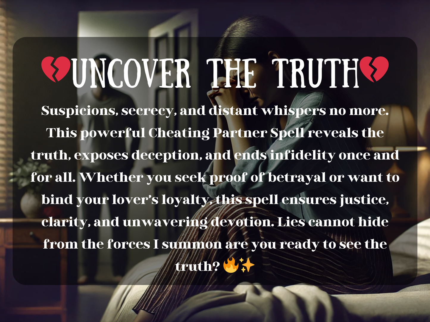 “Uncover the Truth” Cheating Partner Spell text overlay with a heartbroken woman sitting on the edge of a bed, hands clasped in despair, while a shadowy man stands in the background. The dark, emotional atmosphere symbolizes betrayal, suspicion, and infidelity. This spell works to expose lies, reveal hidden affairs, and bring clarity and loyalty to relationships. Perfect for those seeking proof of cheating, ending dishonesty, and reclaiming justice, devotion, and truth in love.