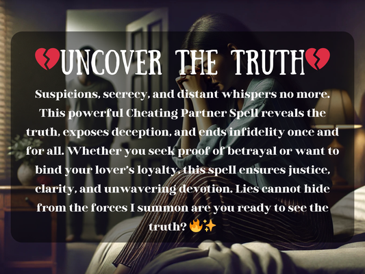 “Uncover the Truth” Cheating Partner Spell text overlay with a heartbroken woman sitting on the edge of a bed, hands clasped in despair, while a shadowy man stands in the background. The dark, emotional atmosphere symbolizes betrayal, suspicion, and infidelity. This spell works to expose lies, reveal hidden affairs, and bring clarity and loyalty to relationships. Perfect for those seeking proof of cheating, ending dishonesty, and reclaiming justice, devotion, and truth in love.