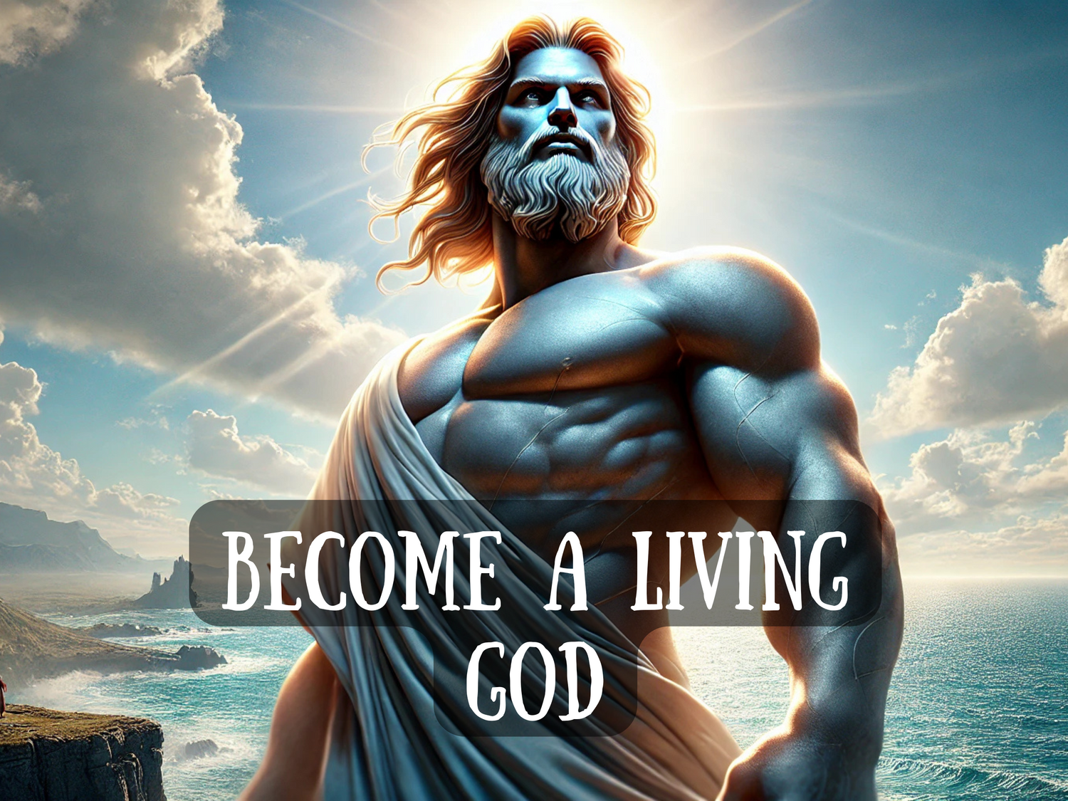 Become a Living God – powerful artwork of a radiant god-like figure with a muscular physique, golden hair, and a glowing aura of sunlight behind him, standing above the ocean cliffs with divine presence. Draped in white robes, he embodies immortality, strength, and ultimate ascension. This spell image represents divine transformation, unlocking godhood, supreme authority, spiritual elevation, and manifestation of limitless power through ritual magick and transcendence into living divinity.