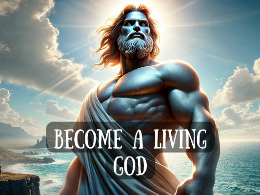 Become a Living God – powerful artwork of a radiant god-like figure with a muscular physique, golden hair, and a glowing aura of sunlight behind him, standing above the ocean cliffs with divine presence. Draped in white robes, he embodies immortality, strength, and ultimate ascension. This spell image represents divine transformation, unlocking godhood, supreme authority, spiritual elevation, and manifestation of limitless power through ritual magick and transcendence into living divinity.