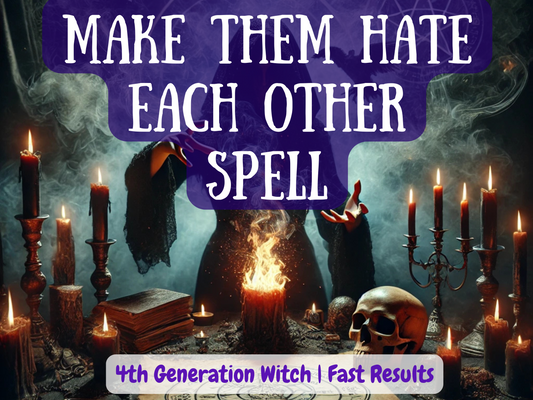 Dark ritual scene for “Make Them Hate Each Other Spell” featuring a witch in a shadowy altar surrounded by burning candles, smoke, a skull, and ancient books. The bold text reads “Make Them Hate Each Other Spell” with the tagline “4th Generation Witch | Fast Results.” This powerful breakup and separation spell image symbolizes conflict magic, fast results, curses, and rituals designed to destroy harmony and fuel division between rivals or toxic relationships.