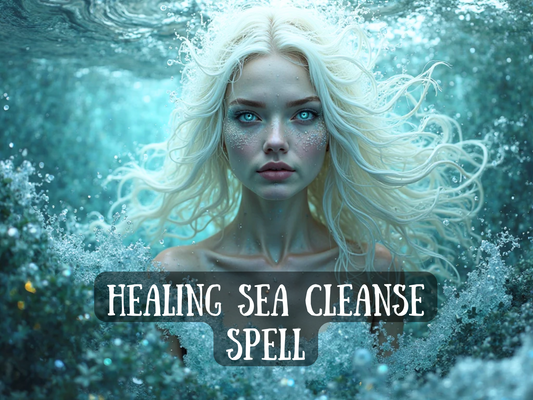 A serene, ethereal woman with long flowing white-blonde hair floats underwater, surrounded by soft blue waves and shimmering sea bubbles. Her glowing aqua eyes and glittering skin reflect the magic of the sea. She gazes calmly forward, embodying purity and power. The ocean swirls gently around her, radiating a sense of peace and renewal. Text at the bottom  “Healing Sea Cleanse Spell,” suggesting a spiritual ritual to cleanse emotional wounds, release negativity, and restore soul-deep balance.