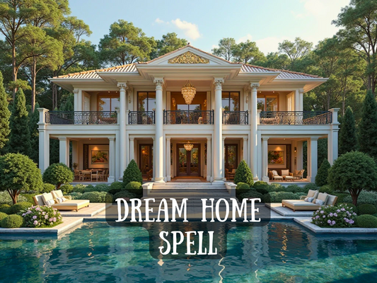 A luxurious, two-story mansion stands surrounded by lush greenery, elegant white columns, and a shimmering turquoise pool. Lounge chairs and manicured gardens frame the estate, with sunlight bathing the scene in golden warmth. The grand home radiates success, stability, and abundance. Overlaid text reads: “DREAM HOME SPELL,” suggesting a powerful manifestation ritual designed to attract your ideal living space—whether it’s a forever home, first-time purchase,  prosperity and rooted security.