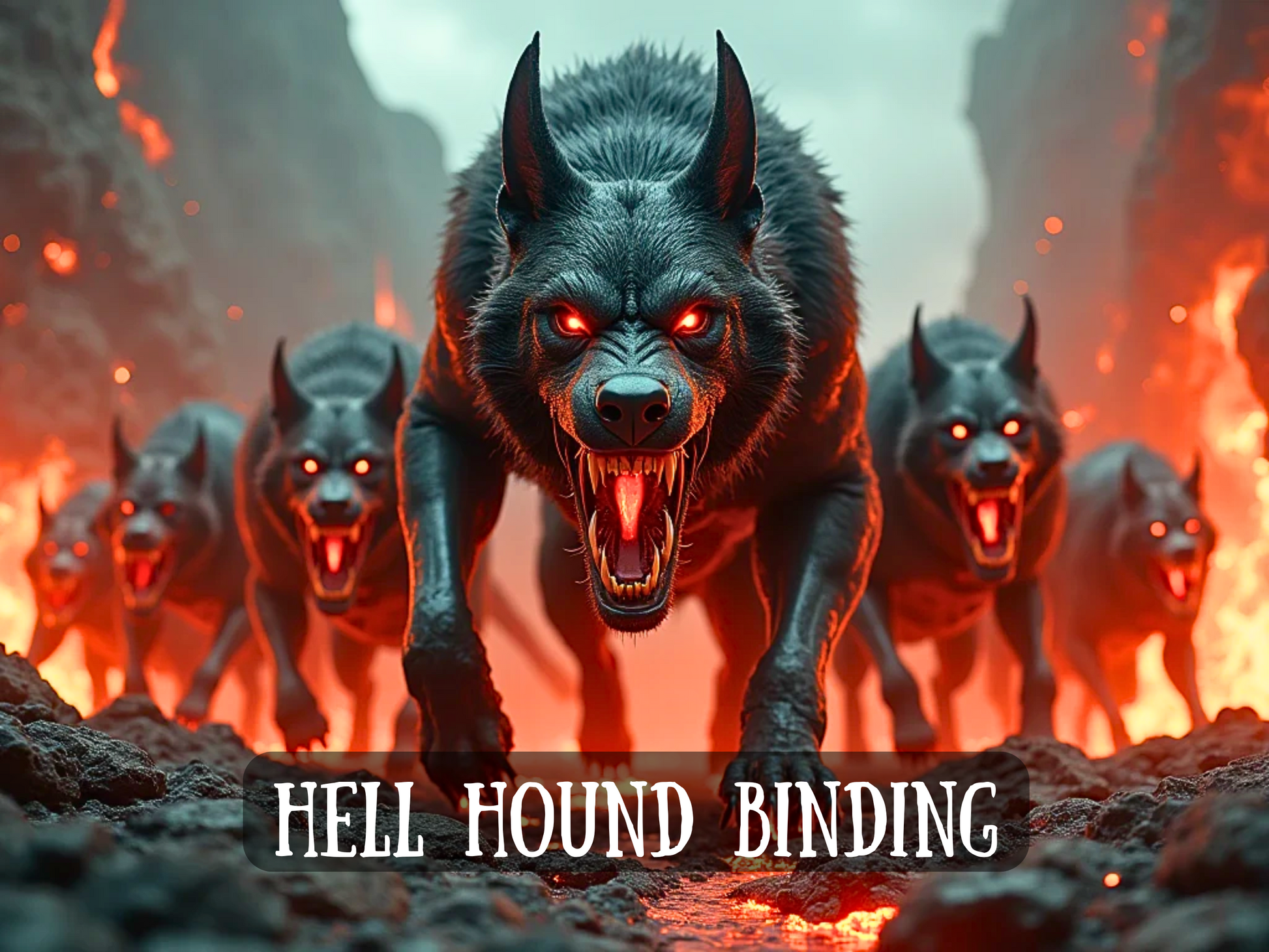 A fierce pack of glowing-eyed Hell Hounds charges forward through a fiery, volcanic landscape. The lead hound snarls with bared fangs, exuding raw power and supernatural rage. Lava glows around them, casting an ominous red light as smoke rises from the scorched ground. The atmosphere is intense and threatening. At the bottom, bold text reads: "Hell Hound Binding," hinting at a dark spell that unleashes infernal guardians under the caster’s command.