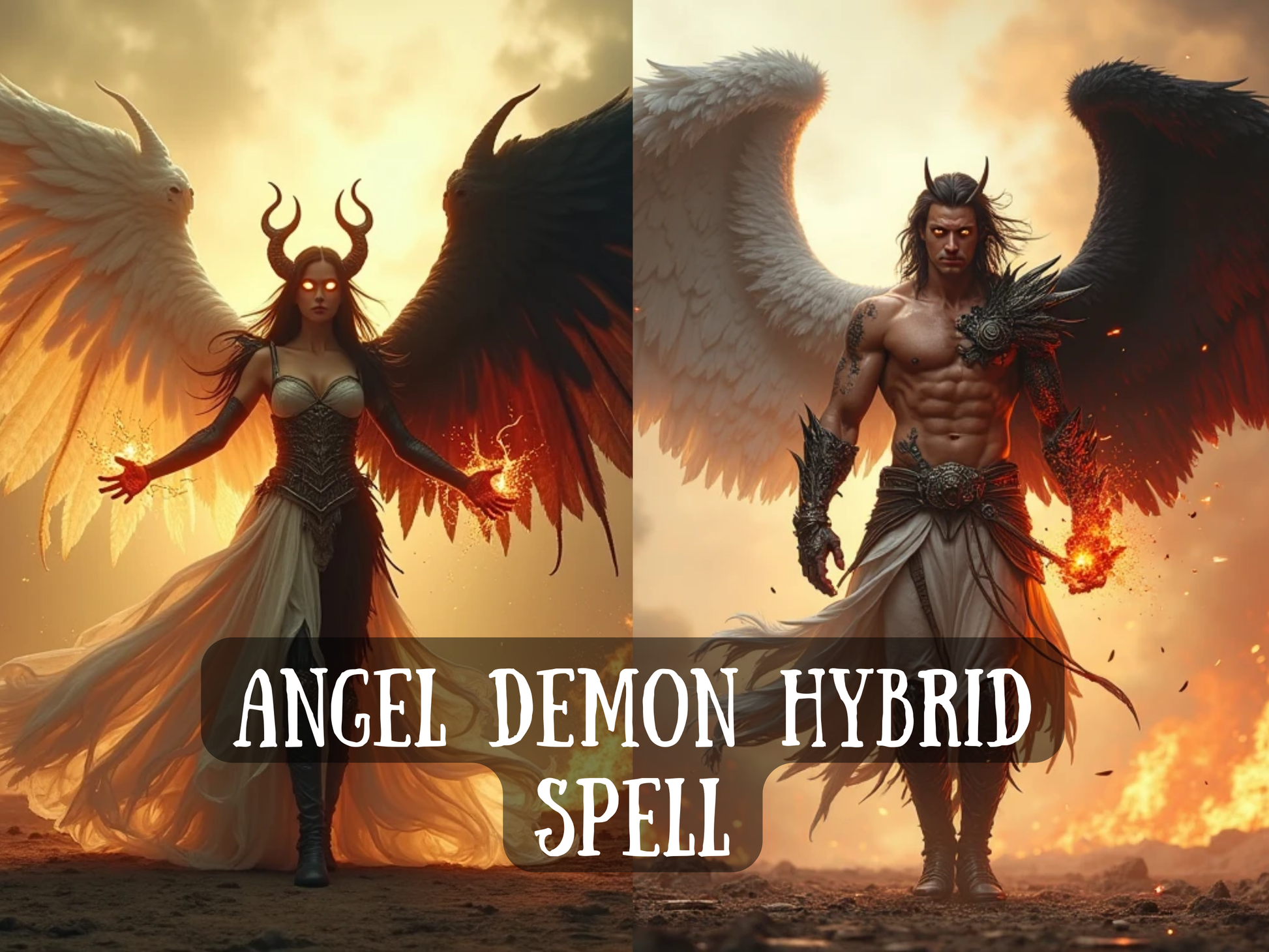 Dramatic fantasy artwork of two powerful winged beings, one male and one female, each embodying both angel and demon energy. The woman with glowing eyes and dark horns spreads radiant white and shadowed black wings, while the man with muscular form and fiery hands mirrors her duality. The image text reads “Angel Demon Hybrid Spell,” symbolizing balance of light and darkness, divine and infernal power, transformation, protection, and supernatural empowerment through hybrid magick.