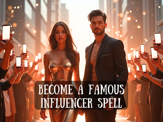 Become a Famous Influencer Spell – glamorous couple walking confidently down a city street, surrounded by a crowd holding up phones to capture their every move. The woman wears a shimmering gold dress, the man in a sharp black suit with an open shirt, radiating celebrity power and social media fame. This image represents influencer success, popularity, admiration, and manifestation of online growth, followers, recognition, and the magnetic energy of influence and stardom