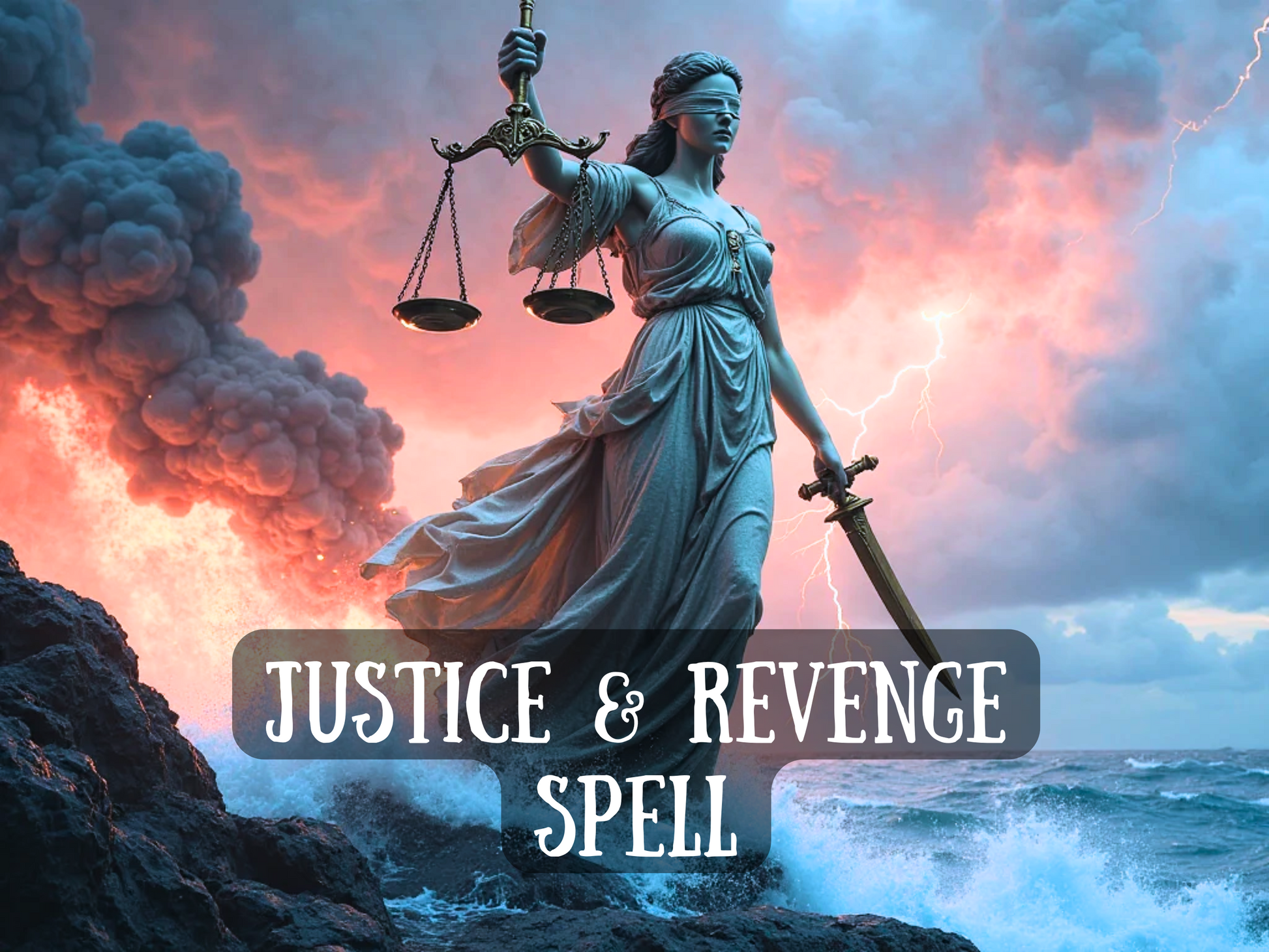 Powerful fantasy artwork of Lady Justice standing blindfolded on stormy rocks above crashing waves, holding the scales in one hand and a sword in the other. Behind her, lightning splits the sky with clouds of fire and smoke, symbolizing wrath and karmic balance. The text across the image reads “Justice & Revenge Spell,” highlighting themes of accountability, vengeance, and karmic retribution. This image conveys strength, fairness, and punishment against wrongdoers, ideal for those seeking revenge spells, ju