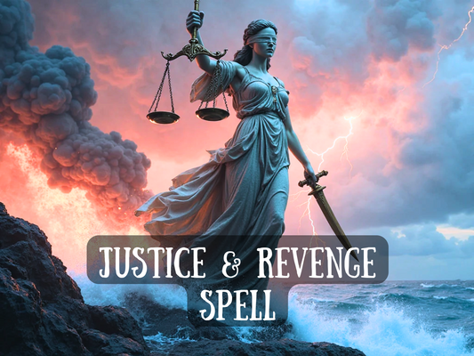 Powerful fantasy artwork of Lady Justice standing blindfolded on stormy rocks above crashing waves, holding the scales in one hand and a sword in the other. Behind her, lightning splits the sky with clouds of fire and smoke, symbolizing wrath and karmic balance. The text across the image reads “Justice & Revenge Spell,” highlighting themes of accountability, vengeance, and karmic retribution. This image conveys strength, fairness, and punishment against wrongdoers, ideal for those seeking revenge spells, ju