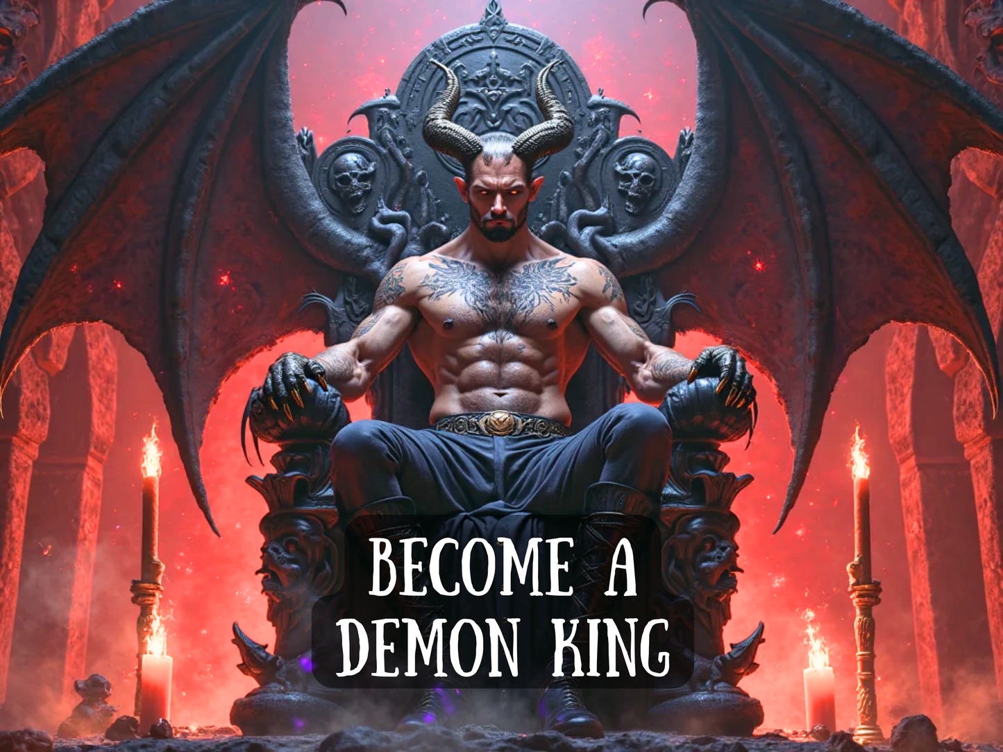 Become a Demon King – powerful dark ritual artwork showing a muscular horned demon seated on a gothic throne with wings spread wide. Surrounded by fiery red light, skull carvings, candles, and shadows, this image represents transformation, infernal ascension, and occult magick. Perfect for demon king spells, infernal pacts, dark power rituals, and spiritual sovereignty. Bold text on the artwork declares ‘Become a Demon King’ as the central focus
