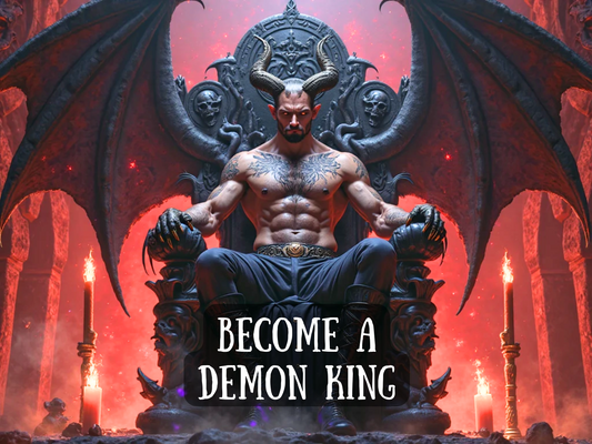 Become a Demon King – powerful dark ritual artwork showing a muscular horned demon seated on a gothic throne with wings spread wide. Surrounded by fiery red light, skull carvings, candles, and shadows, this image represents transformation, infernal ascension, and occult magick. Perfect for demon king spells, infernal pacts, dark power rituals, and spiritual sovereignty. Bold text on the artwork declares ‘Become a Demon King’ as the central focus