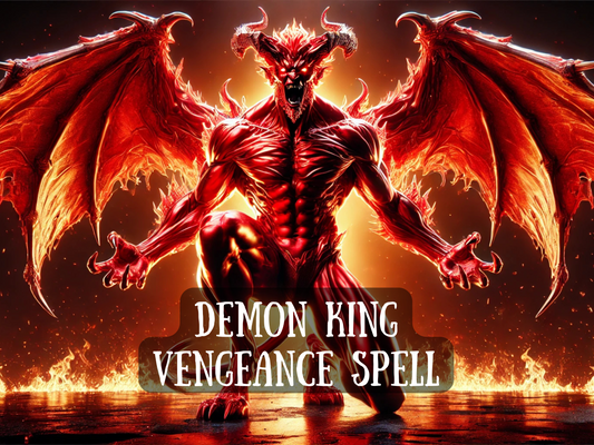 Demon King Vengeance Spell – fiery artwork of a towering red demon with horns, claws, and massive wings spread wide, kneeling in flames with raw power radiating from his body. This spell image represents vengeance, dark magick, and infernal justice, calling upon the Demon King to unleash wrath against enemies. Surrounded by fire and shadows, it conveys destruction, domination, and supernatural punishment through powerful rituals of demonic summoning and vengeance spells.