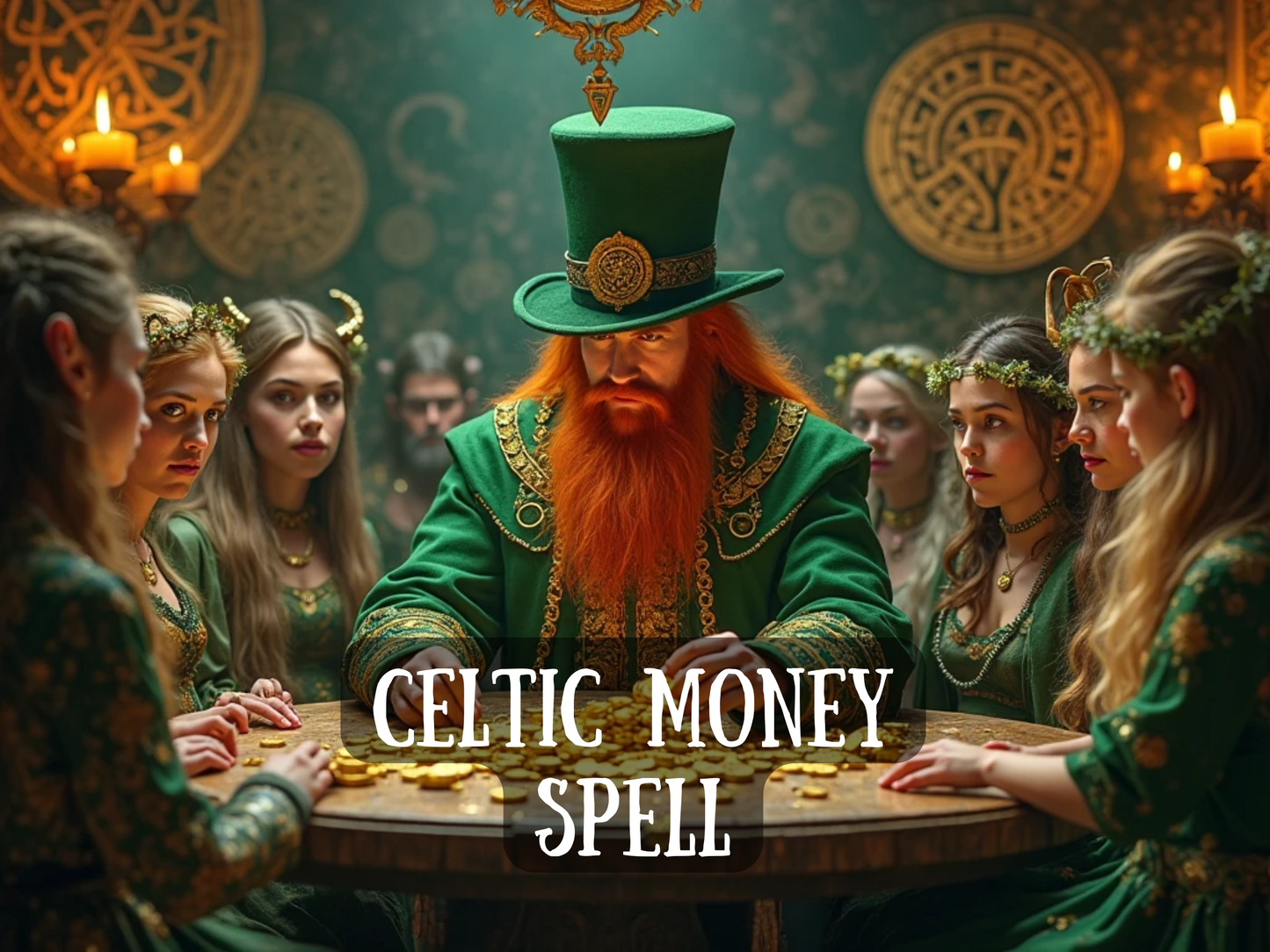 Celtic Money Spell artwork with a mystical red-bearded man in a green cloak and tall hat, seated at a round table surrounded by women in Celtic attire with golden crowns and leafy garlands. Gold coins are spread across the table under glowing candlelight and ancient Celtic symbols carved into the green background. This magical wealth spell image represents Irish abundance, prosperity rituals, money attraction, and financial blessings rooted in Celtic tradition.