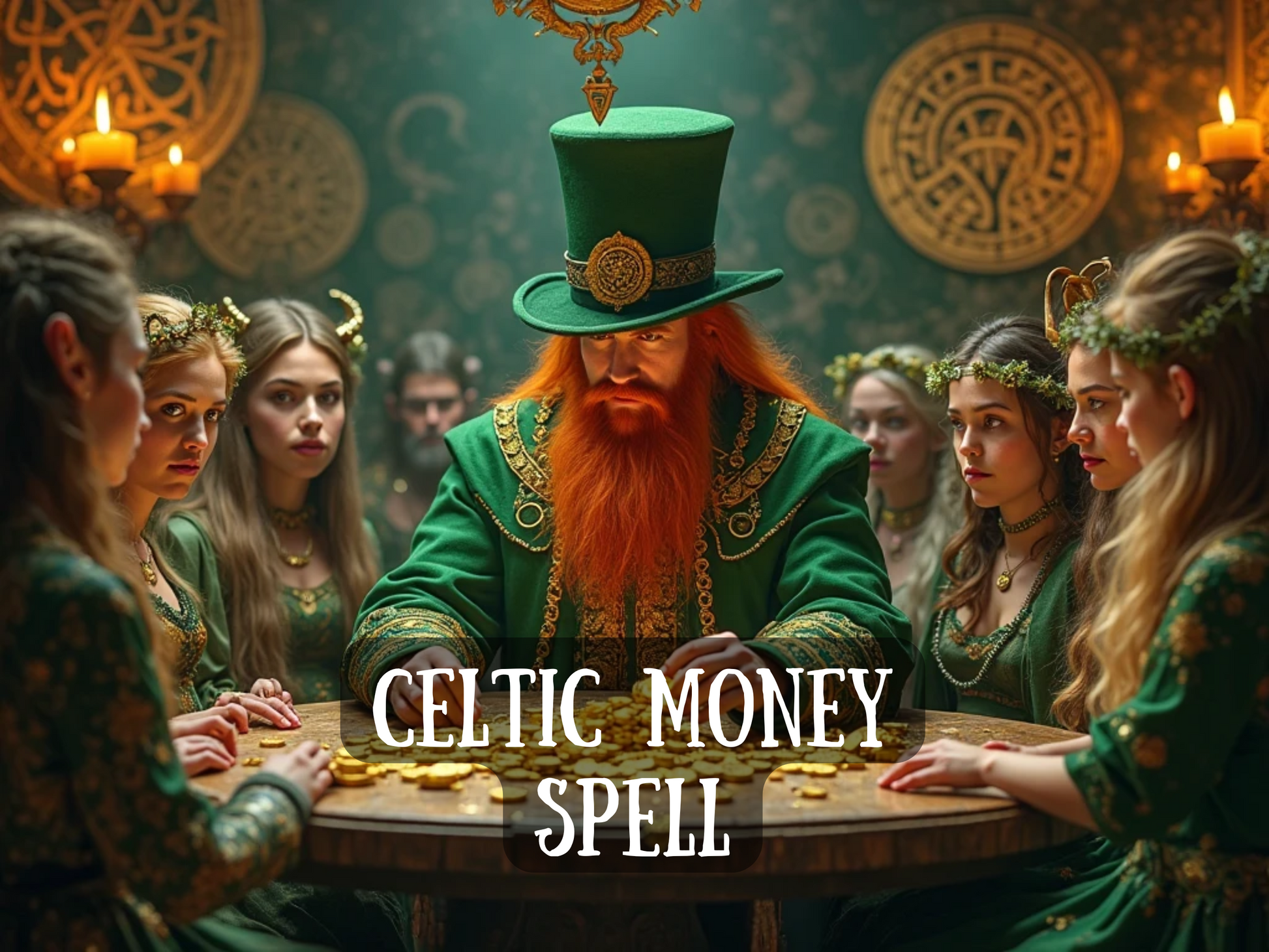 Celtic Money Spell artwork with a mystical red-bearded man in a green cloak and tall hat, seated at a round table surrounded by women in Celtic attire with golden crowns and leafy garlands. Gold coins are spread across the table under glowing candlelight and ancient Celtic symbols carved into the green background. This magical wealth spell image represents Irish abundance, prosperity rituals, money attraction, and financial blessings rooted in Celtic tradition.