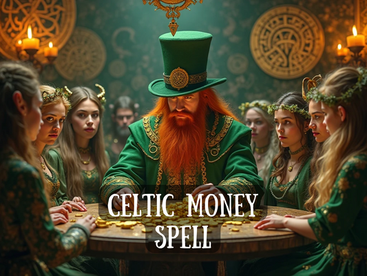 Celtic Money Spell artwork with a mystical red-bearded man in a green cloak and tall hat, seated at a round table surrounded by women in Celtic attire with golden crowns and leafy garlands. Gold coins are spread across the table under glowing candlelight and ancient Celtic symbols carved into the green background. This magical wealth spell image represents Irish abundance, prosperity rituals, money attraction, and financial blessings rooted in Celtic tradition.