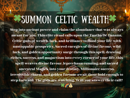 Summon Celtic Wealth spell image with a red-bearded man in a green cloak and tall hat surrounded by women in Celtic attire at a candlelit table covered in gold coins. The enchanted background glows with ancient Celtic symbols, invoking Tuatha Dé Danann power, leprechaun luck, and ancestral Magick. This ritual spellwork is linked to prosperity, abundance, wealth attraction, golden opportunities, success, and divine favour rooted in Celtic traditions.