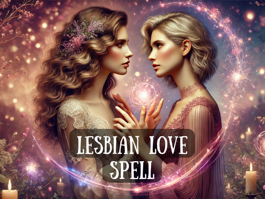 Lesbian Love Spell illustration featuring two beautiful women in an intimate, magical setting, surrounded by glowing orbs, candles, and cosmic energy. This enchanting spell is designed to attract true love, passion, and connection between women, whether seeking a soulmate, rekindling romance, or strengthening an existing bond. Perfect for lesbians wanting clarity, devotion, and lasting relationships. Spiritual ritual to ignite desire and manifest deep emotional union.
