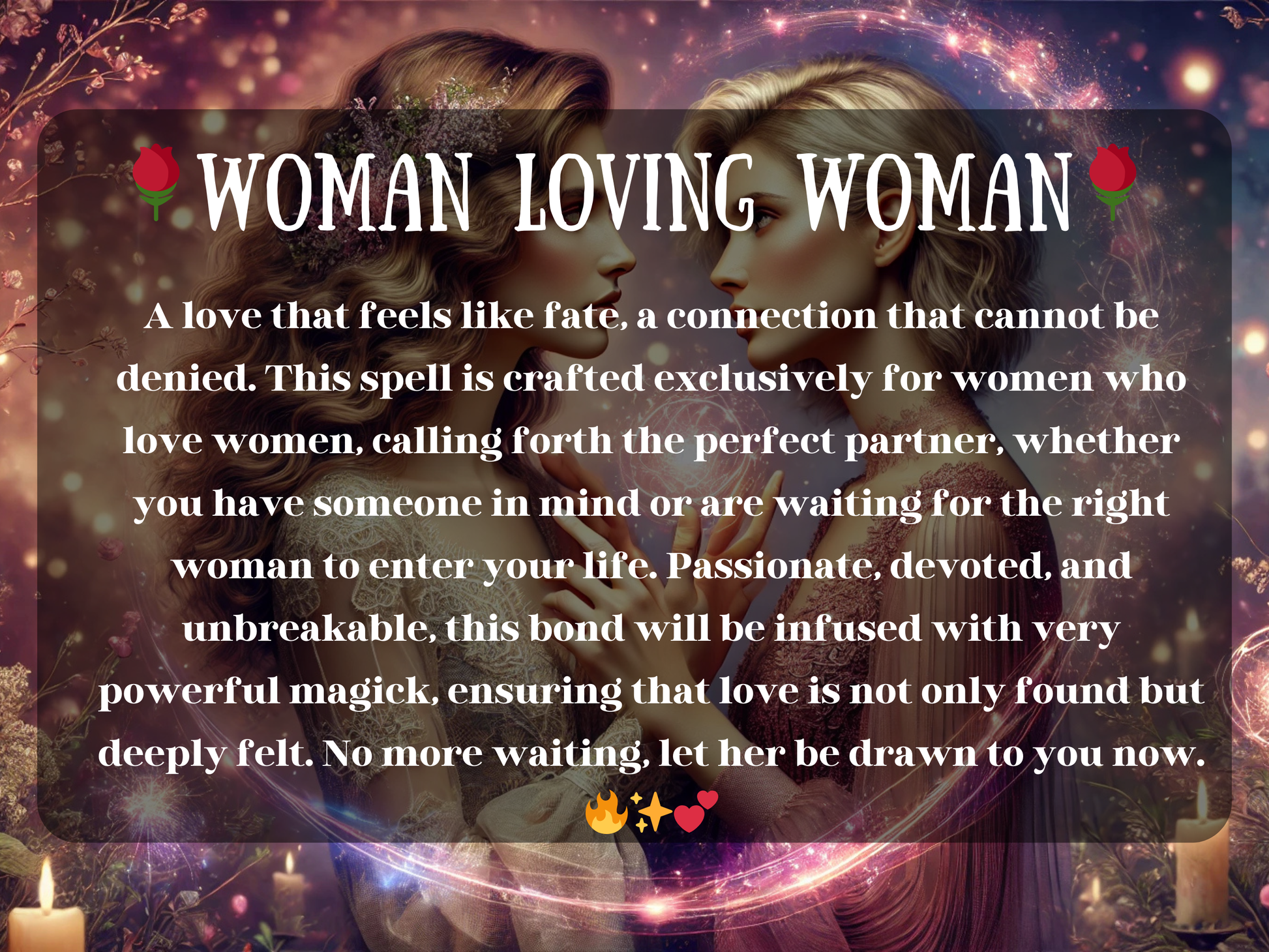 Woman Loving Woman spell artwork showing two women in a glowing magical aura, gazing deeply into each other’s eyes with energy swirling around them. This lesbian love ritual is designed for women who love women, helping attract a soulmate, deepen passion, or call the right partner into your life. Crafted to create unbreakable bonds filled with devotion, romance, and powerful magick, this spell draws the perfect woman to you and ensures love that is undeniable and deeply felt.