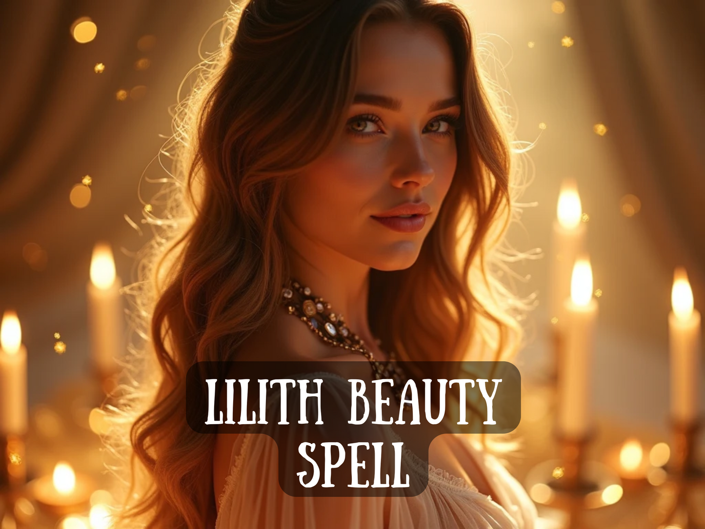 Enchanting artwork of a beautiful woman with flowing golden hair, glowing skin, and a jeweled necklace, illuminated by warm candlelight and golden sparkles. The text on the image reads “Lilith Beauty Spell,” symbolizing allure, self-love, and radiant transformation. This design captures goddess energy and divine feminine power, representing a ritual for beauty, charm, and magnetic presence, helping you embody Lilith’s seductive energy and unlock irresistible attraction.