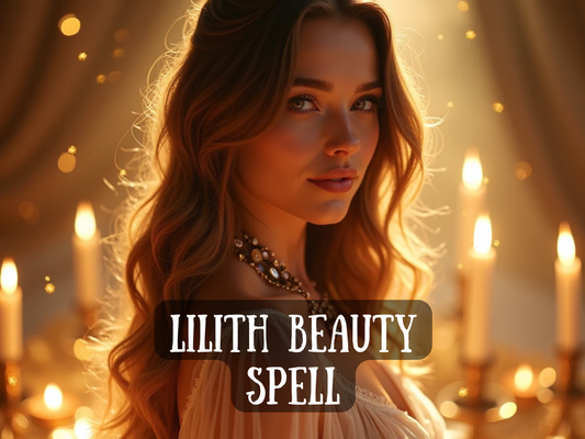 Enchanting artwork of a beautiful woman with flowing golden hair, glowing skin, and a jeweled necklace, illuminated by warm candlelight and golden sparkles. The text on the image reads “Lilith Beauty Spell,” symbolizing allure, self-love, and radiant transformation. This design captures goddess energy and divine feminine power, representing a ritual for beauty, charm, and magnetic presence, helping you embody Lilith’s seductive energy and unlock irresistible attraction.