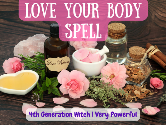 Love Your Body Spell with pink roses, rose petals, love potion bottle, herbs, and crystal healing elements on a wooden altar. This self-love ritual promotes confidence, body acceptance, beauty, and inner harmony. A powerful enchantment for boosting self-worth, self-care, and self-esteem through witchcraft and spiritual energy, crafted by a 4th generation witch.
