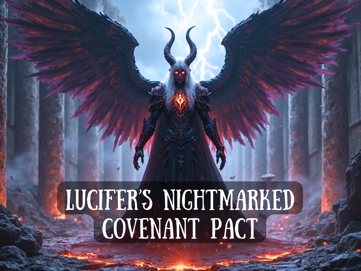 A towering dark figure with immense black and crimson wings stands amidst a ruined, fiery temple. Lightning crackles behind them, and molten lava glows at their feet. The being has glowing red eyes, curved horns, silver hair, and a flaming sigil on their chest, radiating infernal power. The atmosphere is charged with arcane energy and unholy dominance. The text overlay reads “Lucifer’s Nightmarked Covenant Pact.” dark majesty, forbidden power, and elite spiritual alignment with Lucifer