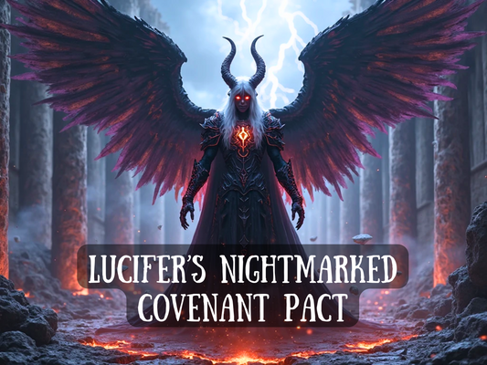 A towering dark figure with immense black and crimson wings stands amidst a ruined, fiery temple. Lightning crackles behind them, and molten lava glows at their feet. The being has glowing red eyes, curved horns, silver hair, and a flaming sigil on their chest, radiating infernal power. The atmosphere is charged with arcane energy and unholy dominance. The text overlay reads “Lucifer’s Nightmarked Covenant Pact.” dark majesty, forbidden power, and elite spiritual alignment with Lucifer