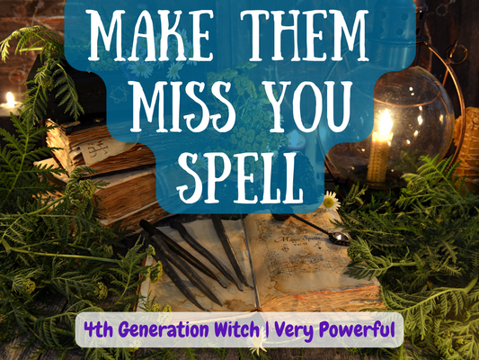 Make Them Miss You Spell image featuring open ancient spellbook, candles, and magical herbs. This powerful enchantment is crafted to stir deep longing, regret, and desire in your target, making them think about you constantly and crave your presence. Designed by a 4th generation witch, this ritual strengthens emotional bonds, awakens obsession, and ensures they miss you intensely. A potent spell for love, reconciliation, and reigniting passion.