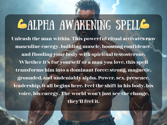 Alpha Awakening Spell image showing a dominant muscular man with lightning behind him, representing masculine power, raw energy, and spiritual testosterone. This spell boosts confidence, sex appeal, magnetism, and leadership, transforming you into an undeniable alpha presence. Designed to channel strength, vitality, charisma, and primal attraction, the Alpha Awakening Spell makes you irresistible, commanding, and deeply respected by all who encounter your energy.