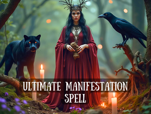 Ultimate Manifestation Spell casting service image. Powerful witch in a deep red gown with an antler crown stands at a forest altar with candles, a black panther, and a crow. Perfect for ultimate manifestation spells, wish fulfillment rituals, dream life creation, money manifestation, love attraction, spiritual empowerment, shadow magick, spirit animal guidance, dark feminine witchcraft, forest magick rituals, and energy alignment spellwork