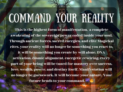 Command Your Reality spell casting service image. Witch in deep red gown and antler crown stands in a misty enchanted forest with candles, black panther, and crow, text overlay about manifestation magick. Perfect for sovereign power awakening, DNA activation spells, cosmic alignment, energetic mastery, manifestation rituals, wealth attraction spells, love manifestation, destiny control, spiritual empowerment, elite magick rites, and personal power spellwork.