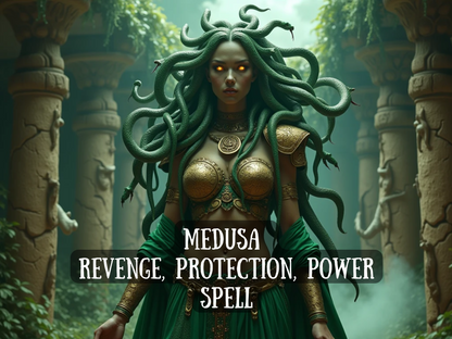 Mystical Medusa figure with glowing eyes and serpent hair, standing in ancient ruins, representing the “Medusa Revenge, Protection, Power Spell.” This powerful spell channels Medusa’s legendary strength to deliver fierce protection, vengeance against enemies, and empowerment in personal battles. Ideal for those seeking defense, justice, and unstoppable energy, this ritual invokes ancient goddess power to shield, strike back, and command authority.